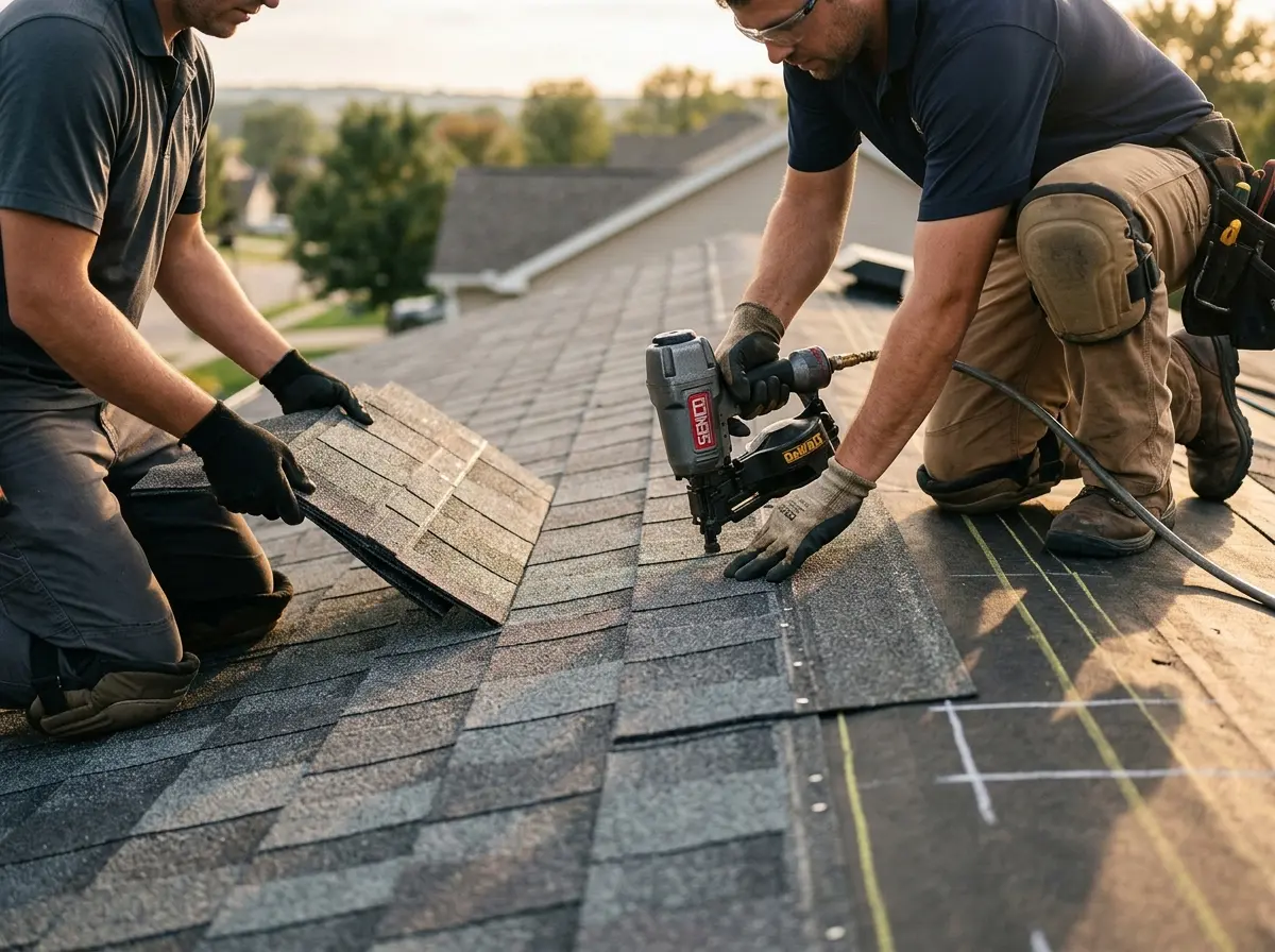 Professional roofer working on a residential roof in Fort Hunt
